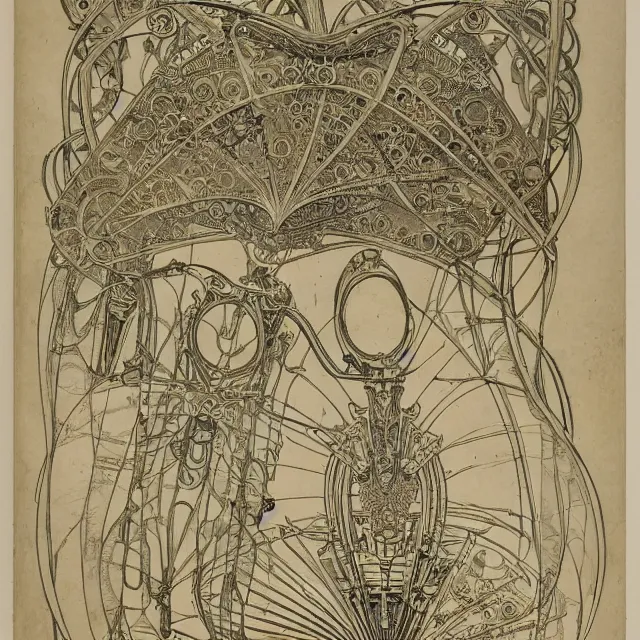 Image similar to beautiful, symmetric, art nouveau, detailed, intricate technical drawings on parchment from 1 8 4 0 with extensive written labels and covered in scribbled pencil notes in open space, for a mechanical art creation drawing robot, by ron cobb and alphonse mucha