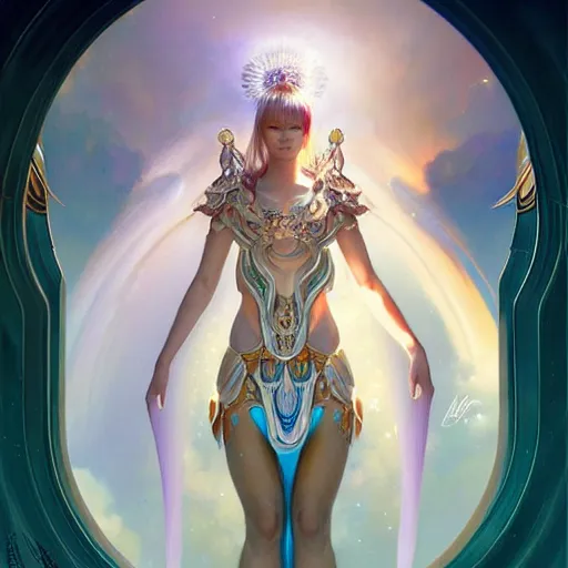 Prompt: Lalisa Manobal as a beautiful celestial pearlescent Goddess wearing a futuristic lush Greek battlesuit exposed in cryo chambers, intricate, elegant, highly detailed, centered, digital painting, artstation, concept art, smooth, sharp focus, illustration, by Peter Mohrbacher, WLOP