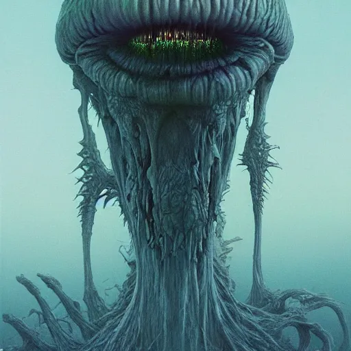 Image similar to iconic hybrid infected mushroom alien, album hyper detailed art style by Zdiszlaw Beksinski and Toshihiro Egawa and H.R. Giger and Artstation trending 8k