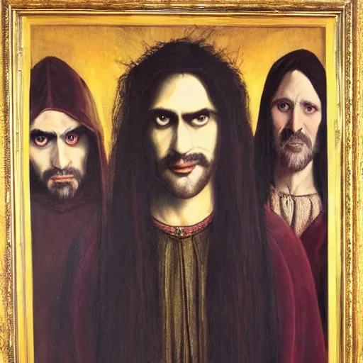 Prompt: the vampires from the show What we do in the shadows oil painting by Leonard Da Vinci ,, ultrarealistic