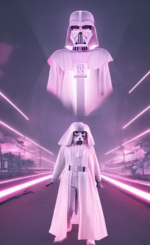 Image similar to white darth vader synth wave retro wave vapor wave white and pink lighting and clothes and tech cyberpunk style ultra realistic high quality highly detailed 8 k