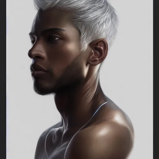 Prompt: ultra realistic illustration, young man with dark gray skin, short white hair, intricate, with dark clothes, elegant, highly detailed, digital painting, artstation, concept art, smooth, sharp focus, illustration, art by artgerm and greg rutkowski and alphonse mucha