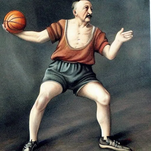 Prompt: hitler playing basketball, realistic, detailed, colored by da vinci