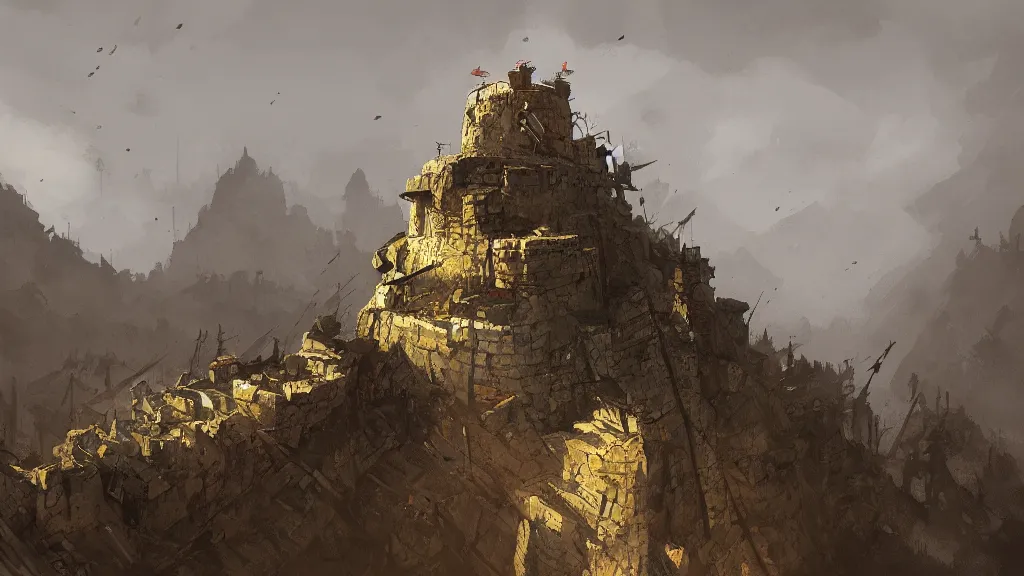 Prompt: top down view of fortified mountain bastion, papyrus, watercolored, jakub rozalski, dark colours, dieselpunk, artstation