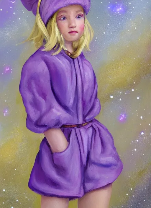 Image similar to A painting of a beautiful and mysterious young girl with short blond hair wearing an oversized purple Beret, Baggy Purple overall shorts, Short Puffy pants made of silk, silk shoes, a big billowy scarf, Golden Ribbon, and white leggings Covered in stars. Short Hair. Sunlit. Haute Couture. Dreamlike. Cloudscape. Fantasy Illustration. Art by william-adolphe bouguereau and Alexandre Cabanel and Anna Dittmann and WLOP and Artgerm and Johannes Helgeson. Smooth. Elegant. Highly Detailed. Intricate. Realistic fantasy illustration. 4K. UHD. Denoise.