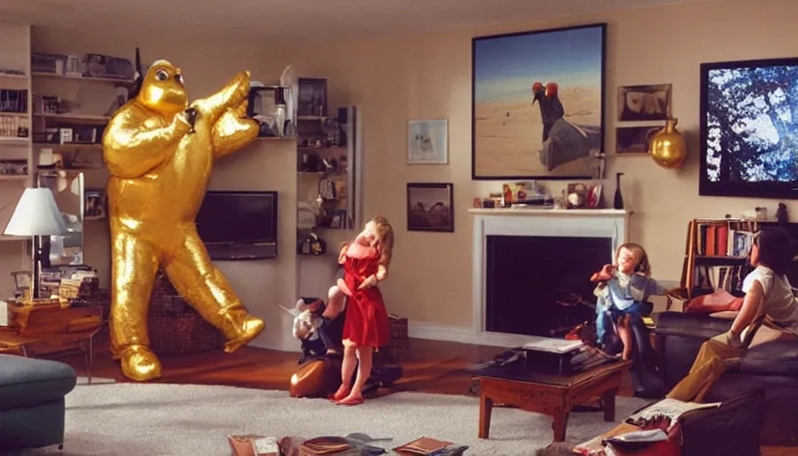 Image similar to 1990s candid 35mm photo of a beautiful day in the living room, cinematic lighting, cinematic look, golden hour, a very large, oversized magical salesman mascot is hanging out of the TV and trying to sell the family a car, salesman mascot is a very large giant, there is an expensive sports car in the living room, portal energy is coming out of the TV, UHD