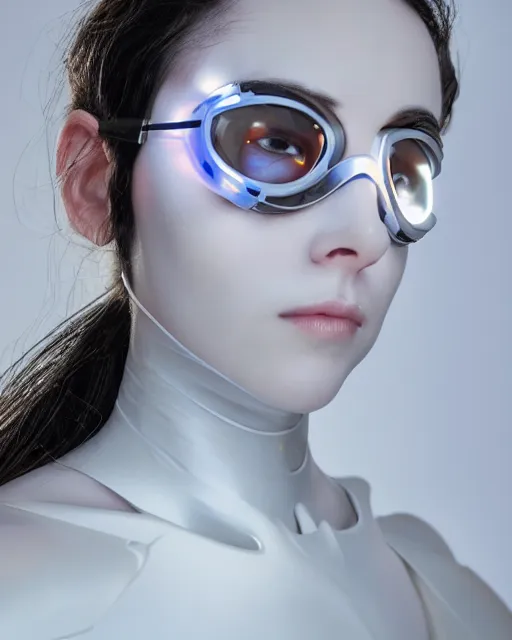 Image similar to 3 / 4 portrait photo by bouguereau of female dancer as a cyberpunk mecha humanoid robotic parts wearing goggles with straight led lights over neck, inside white room, ultra - realistic and detailed, 8 k