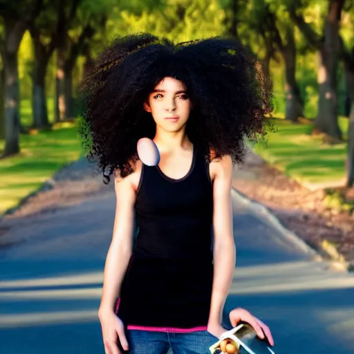 Image similar to a girl with curly black hair holding a skateboard, Backlighting