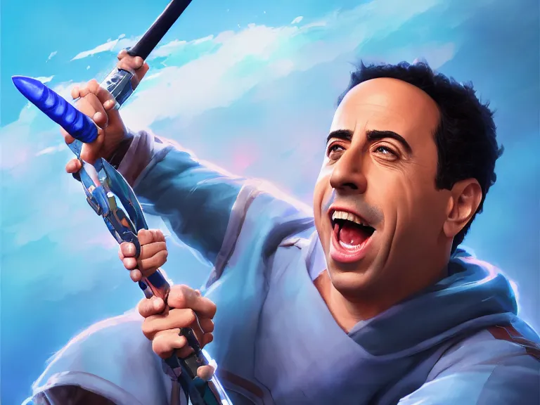 Prompt: portrait of jerry seinfeld from seinfeld as a fighter wielding a microphone weapon, rule of thirds, sky blue gradient, photorealistic facial features, league of legends splash art, by chengwei pan, huang guangjian, viktoria gavrilenko, artgerm, greg rutkowski, 8 k, octane, digital painting, artstation