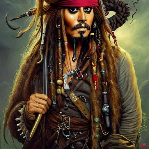 Prompt: a hyperrealistic illustration of Captain Jack Sparrow as Davy Jones, Pirates of the Caribbean Ship with fractal sunlight, award-winning, masterpiece, in the style of Tom Bagshaw, Cedric Peyravernay, Peter Mohrbacher
