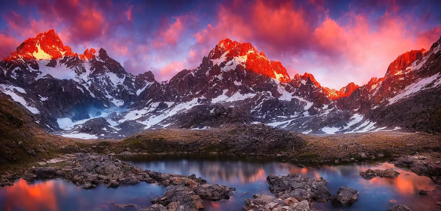 Image similar to amazing landscape photo of mountains with lake in sunset by marc adamus, beautiful dramatic lighting