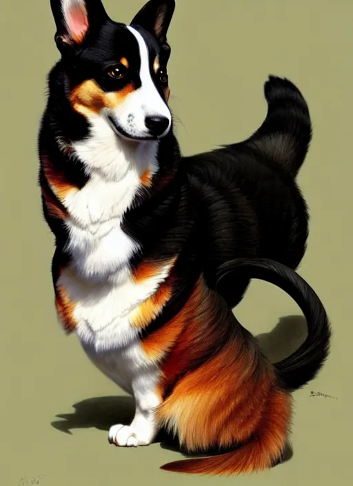 Prompt: a pembroke welsh corgi and a tuxedo cat, intricate, elegant, hyper detailed, ultra definition, photoreal, artstation, unreal engine rendered, concept art, smooth, sharp focus, illustration, art by artgerm and greg rutkowski and alphonse mucha and garis edelweiss