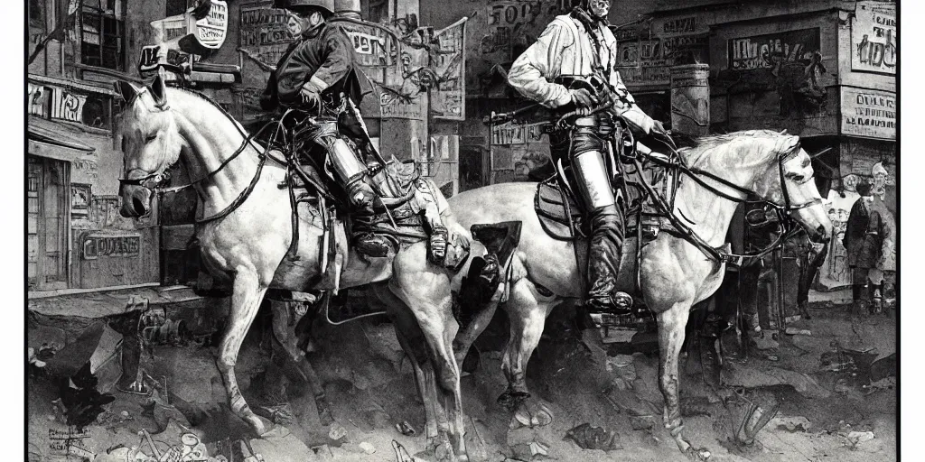 Prompt: Cyborg riding a horse in the wild west street. Norman Rockwell style. Ultra-high details.