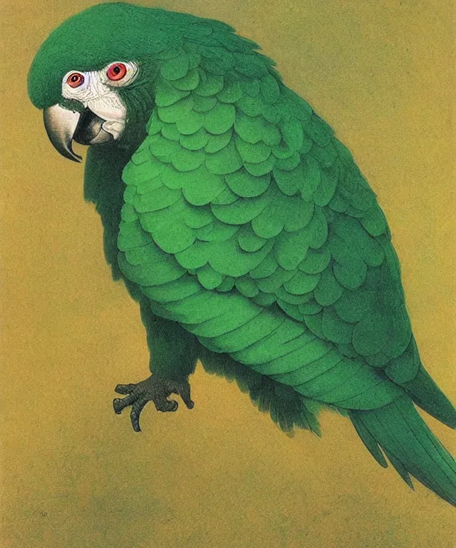 Image similar to beautiful emerald green parrot with red aura and eyes, by zdzisław beksinski, by gustave dore