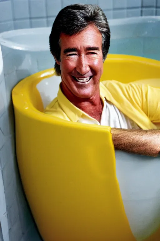 Image similar to randy mantooth laughing and sitting inside a bathtub filled with yellow water