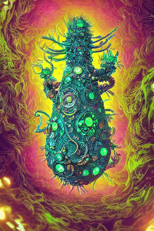 Image similar to creature sushi roots cactus elemental flush of force nature micro world fluo light deepdream a wild amazing steampunk baroque ancient alien creature, intricate detail, colorful digital painting radiating a glowing aura global illumination ray tracing