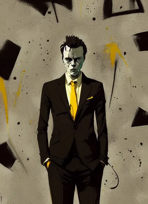 Prompt: highly detailed closeup portrait of angry handsome martin wallstrom, tyrell wellick, wearing suit by atey ghailan, by greg rutkowski, by greg tocchini, by james gilleard, by joe fenton, by kaethe butcher, gradient cyan, brown black, yellow and white only color scheme, grunge aesthetic!!! ( ( graffiti tag wall background ) )