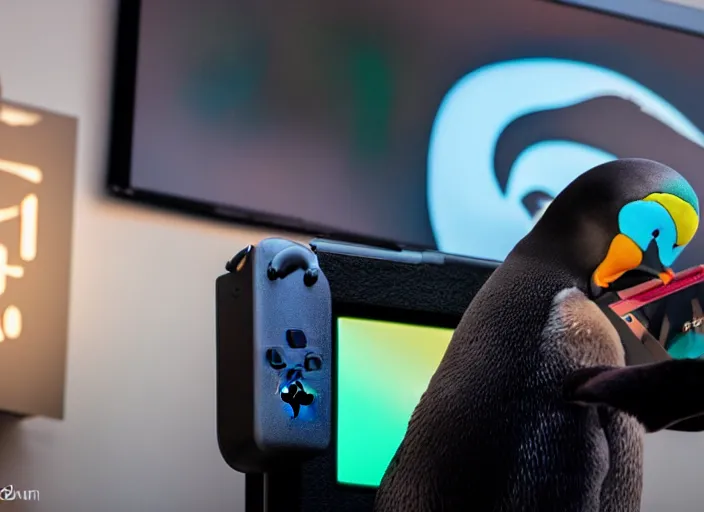 Image similar to photo still of a penguin playing a nintendo switch, 8 k, studio lighting bright ambient lighting key light, 8 5 mm f 1. 8