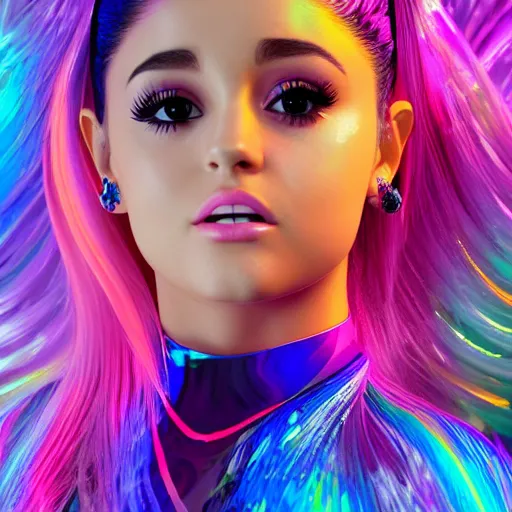 Image similar to 35mm macro shot portrait of an extremely cute and adorable Prismatic Spectrum Cosmic Magical Girl Ariana Grande Selena Gomez from the Rainbow Sky Paradise playing Dance Dance Revolution at Eurovision and Tomorrowland, large piercing eyes, smirk, ambient occlusion, DAZ, cinematic lighting, 3D render, unreal engine 5, professional graflex photograph by artgerm, flat vector art