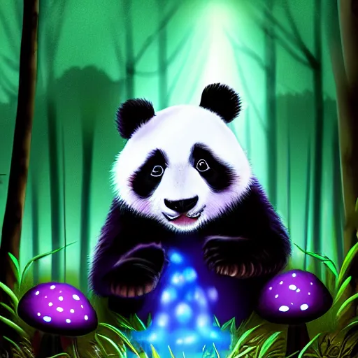 Image similar to a panda in the forest of bioluminescent mushroom ,realistic ,magical forest, 8k , digital art ,