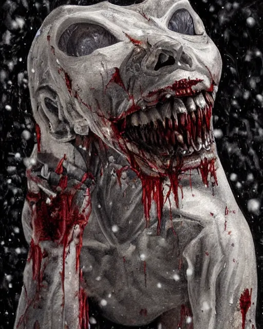 Image similar to Horrifying detailed painting of a pale, emaciated humanoid creature. It has sharp teeth and claws with pale milky eyes; snow, woods, blood; dark cinematic lighting, hyper detailed, moody