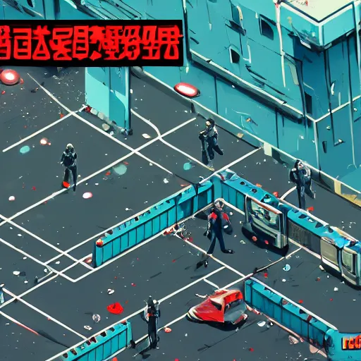 Image similar to 1991 Isometric Video Game Screenshot, Anime Neo-tokyo Cyborg bank robbers vs police shootout, bags of money, Police officer hit, Bullet Holes and Blood Splatter, Hostages, Smoke Grenade, Cyberpunk, Anime VFX, Violent, Action, Fire fight, FLCL, Free-fire, Highly Detailed, 8k :4 by Katsuhiro Otomo + Studio Gainax + Arc System Works : 8