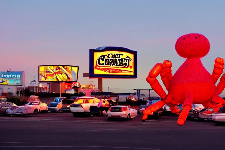 Image similar to giant crab attacking a california drive in, in 2 0 1 2, cutecore, y 2 k, bathed in the the glow of the sunset, low - light photograph, in style of monkeybone