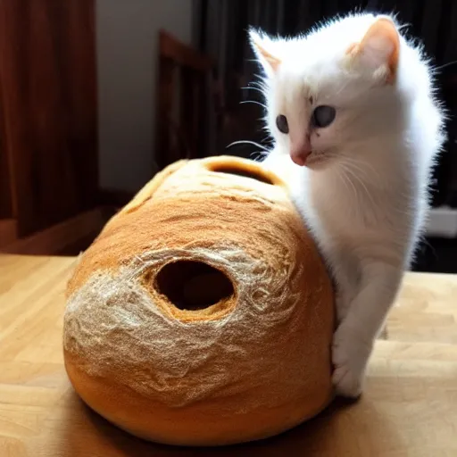 Image similar to kitten living inside a bread, hyper detailed