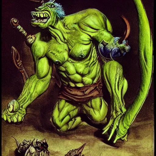 Image similar to dog - faced muscular goblin, ugly face, lizard tail, holding scimitar made of bone, scimitar, colorized, green skin, hyper - detailed, primeval fantasy, prehistoric fantasy, drawn by frank frazetta