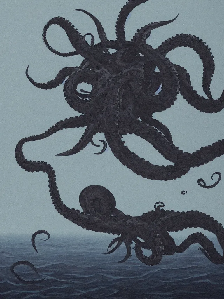 Image similar to minimalist painting of a kraken hidden in the depths of the ocean, detailed, dark, ominous