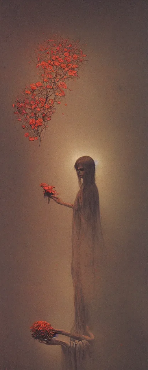 Image similar to a golemn tending to a beautiful dried flower in a dark room, zdzislaw beksinski, arthur rachham, 8 k, artstation