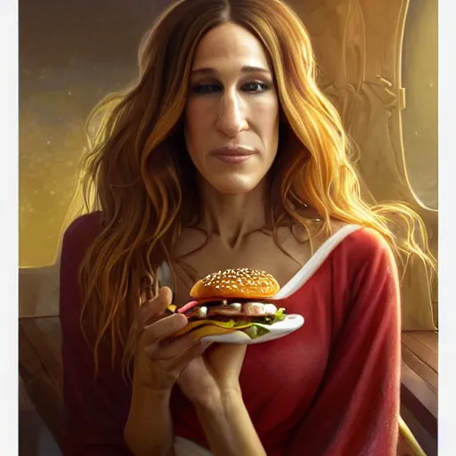 Image similar to portrait of Sarah Jessica Parker eating hamburgers, extra onions and ketchup, luscious patty with sesame seeds, feminine ethereal, handsome, D&D, fantasy, intricate, elegant, highly detailed, digital painting, artstation, concept art, matte, sharp focus, illustration, art by Artgerm and Greg Rutkowski and Alphonse Mucha