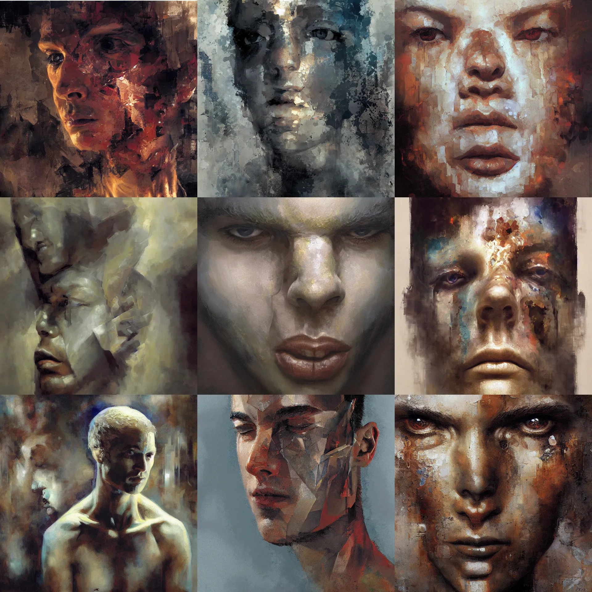 Prompt: surreal painting of a piece of art called adam's awakening painted by craig mullins, symmetrical face, defined facial features, symmetrical facial features, dramatic lighting