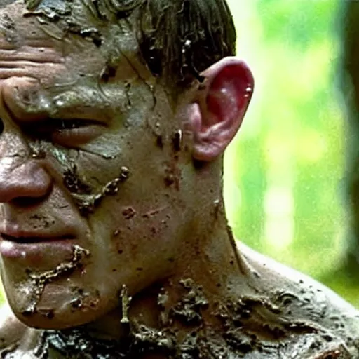 Prompt: film still of john cena as major dutch, covered in mud, hiding from the predator in swamp scene in 1 9 8 7 movie predator, hd, 8 k