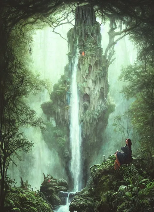 Image similar to a hyper realistic architectural witch shrine under a waterfall in the woods, gorgeous lighting, lush forest foliage, painting by chiara bautista and tom bagshaw, muca beksinski and norman rockwell and greg rutkowski weta studio, and lucasfilm