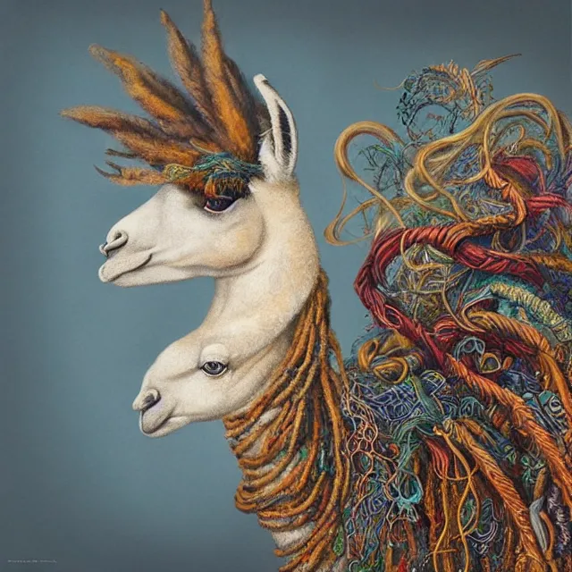 Image similar to llama with dreadlocks, by mandy jurgens, ernst haeckel, james jean. in the style of art deco