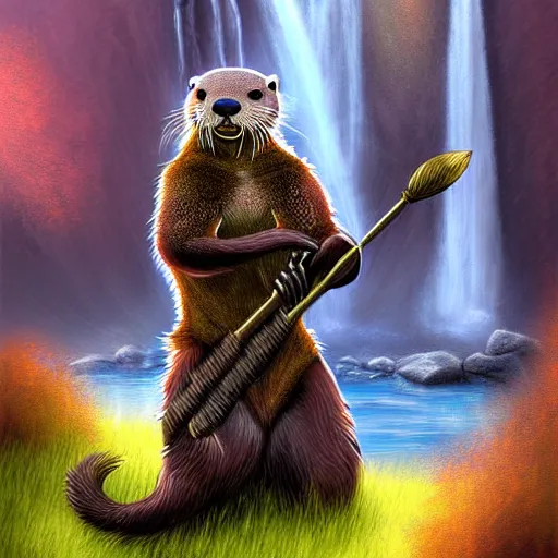 Image similar to furry otter warrior, fantasy art, lightweight armour, near the river, waterfall, digital art, high quality