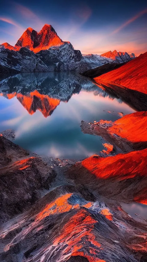 Image similar to amazing landscape photo of mountains with lake in sunset by marc adamus, beautiful dramatic lighting