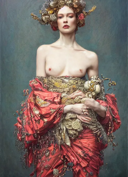 Image similar to highly detailed oil painting | very intricate | cinematic lighting | award - winning | watermelon kimono fashion by alexander mcqueen | by roberto ferri, by tom bagshaw, by j. c. leyendecker and klimt, american romanticism, by austin osman spare, artstation, cgsociety, official art, octane
