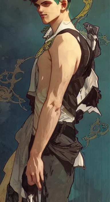 Image similar to Portrait of a cute stylish catboy in his twenties. Art by Greg Rutkowski and Alphonse Mucha