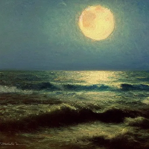 Image similar to a matte painting of the ocean at night with a full moon, an oil painting by Laurits Tuxen, deviantart, impressionism, deviantart