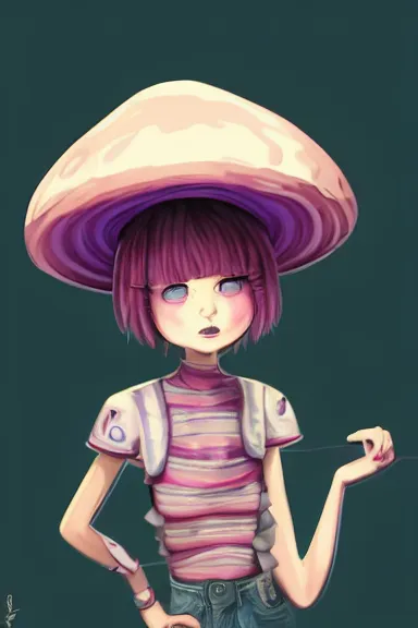 Image similar to a little girl wearing a mushroom hat in 9 0 s outfit | | purple curvy hair, pretty face, fine details, digial art by lois van baarle and sakimichan, anatomically correct, perfect composition, symmetrical, fantastic, clean details, anime character, extremely detailed, ray tracing