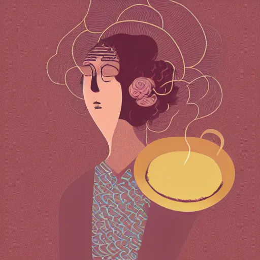Prompt: illustration of a girl having a cup of coffee, happy feeling, waking up, by malika favre and victo ngai