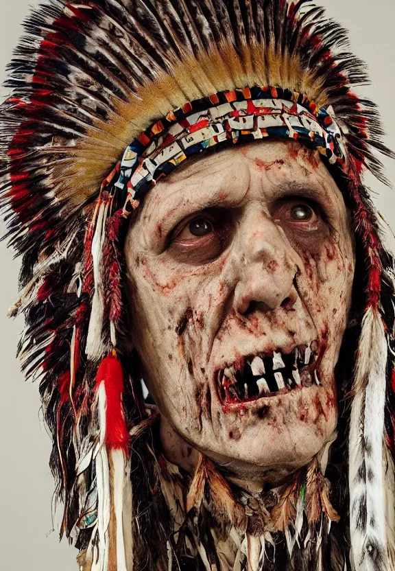 Prompt: close up portrait of zombie Pope Francis wearing a Native American Indian Feathered Headdress War Bonnet, dead redemption, by Dan Colen