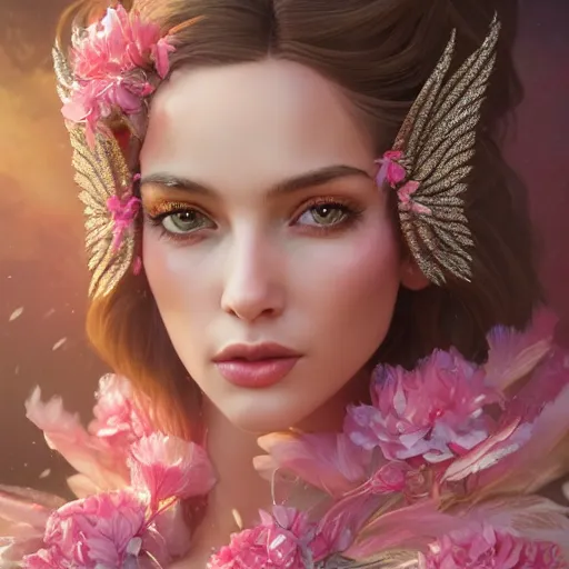 Image similar to expressive full body photo of sophia lauren as beautiful angel, smooth glowing skin, ornate headpiece made from pink flowers, glamour shot, by karol bak, by greg rutkowski, by artgerm, octane render, unreal engine, photorealistic, canon r 3, fashion photography