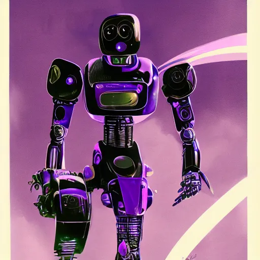Prompt: self portrait of a robot raven with purple and black body armor, digital art, realistic, ultradetailed, concept art, art by Syd Mead and Moebius, trending on artstation, devianart, cgsociety
