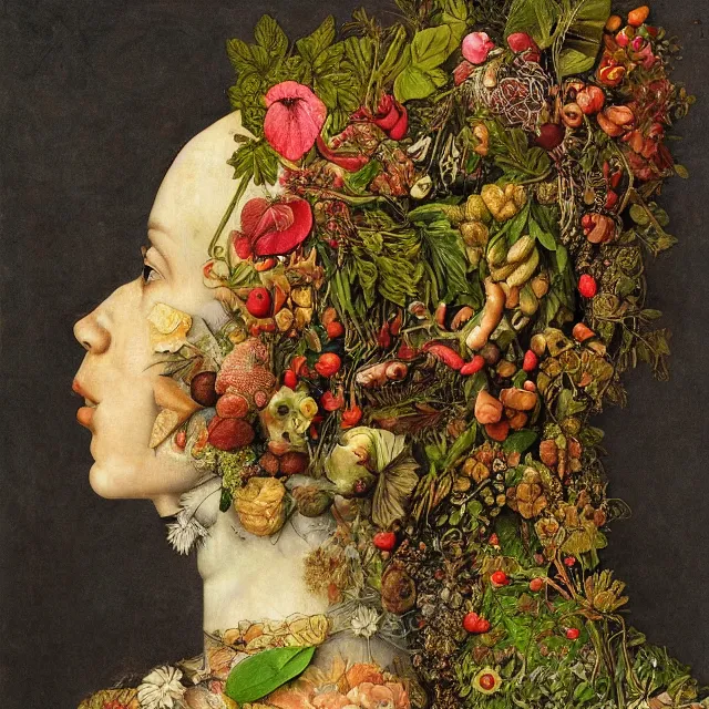 Image similar to a beautiful profile portrait of a woman, leaves, by giuseppe arcimboldo,, psychedelic, surreal, dreamlike, environmental friendly, nature.