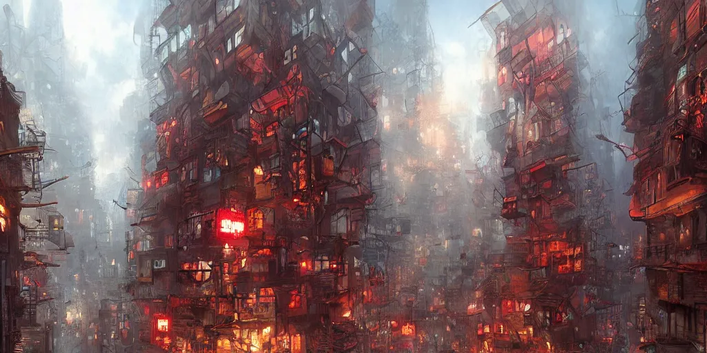 Prompt: new jack cityscape after the fall by Marc simonetti and Pamela Coleman smith, red light district