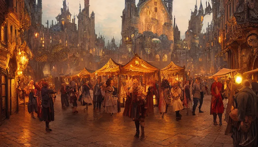 Image similar to medieval city festival near lake at night, beautiful lit lamps, 8 k highly detailed art, intricate, stanley lau, artgerm, artstation, smooth, far shot, wlop, alphonse mucha, cinematic shot, cinematic lighting