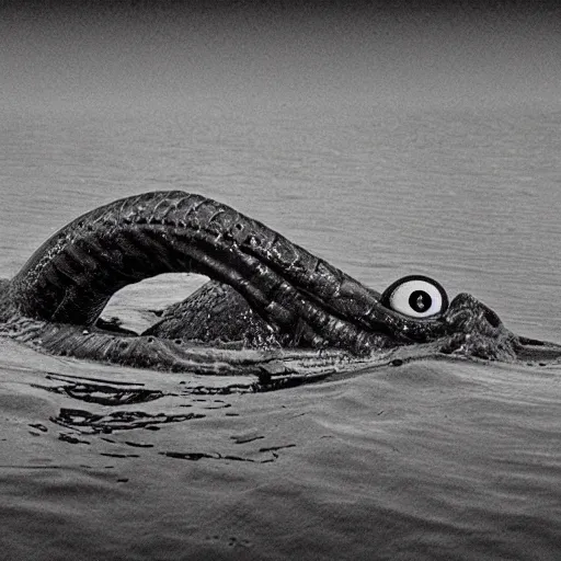 Image similar to award-winning, black and white photograph of a sea monster, extremely detailed